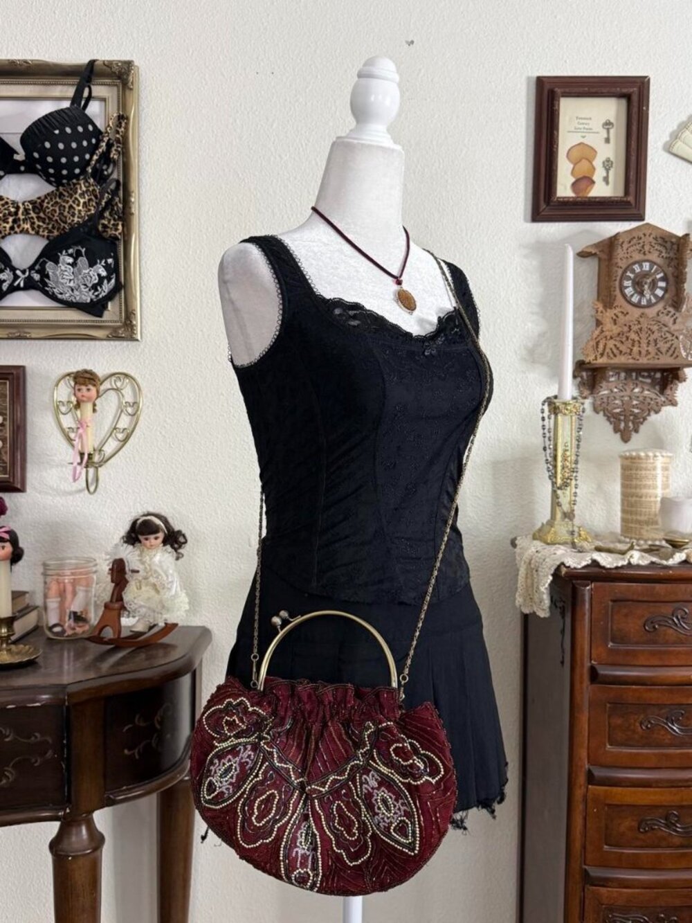 Whimsigoth boho fairy vintage burgundy beaded bag